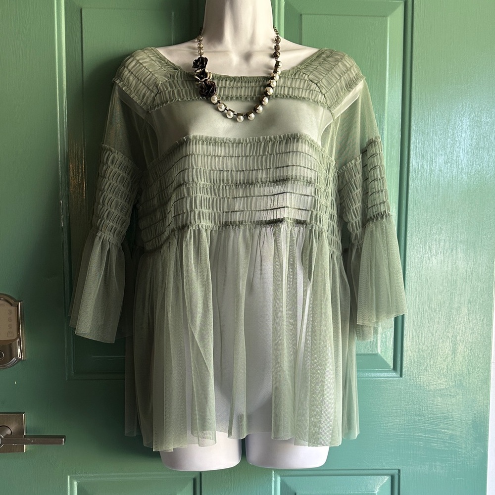 Belle Sky willow Green Sheer Smocked Bell Sleeve Blouse